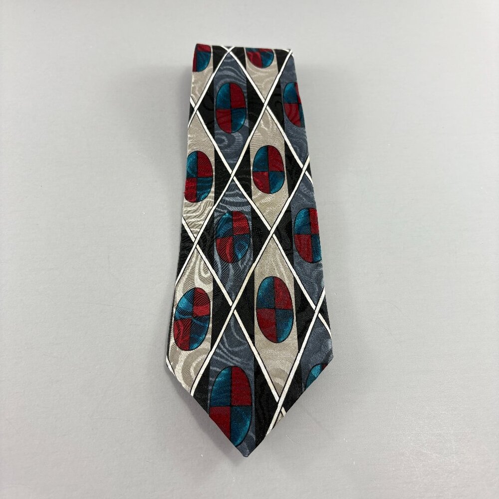 Adolfo Grey / Black / Red / Teal Geometric Men's Tie 3 3/4" x 56"